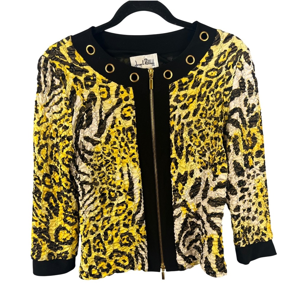 Joseph Ribkoff Yellow Leopard Print Jacket SZ 10 Clear Sequins Grommets Mob Wife